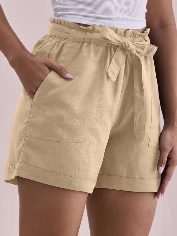 GO COLORS Women Solid Khaki High Rise Linen Shorts
