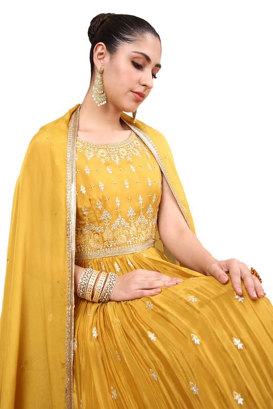Soch Womens Mustard Zari Embroidery Chinon Ethnic Gown With Cutdana & Beads