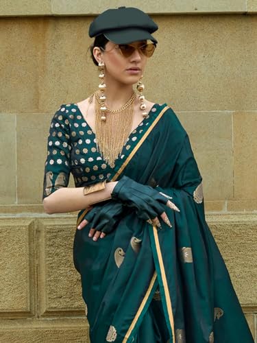 AKHILAM Women's Green Satin Silk Woven Design Saree with Unstitched Blouse Piece (KNTKLS382006_RJ)