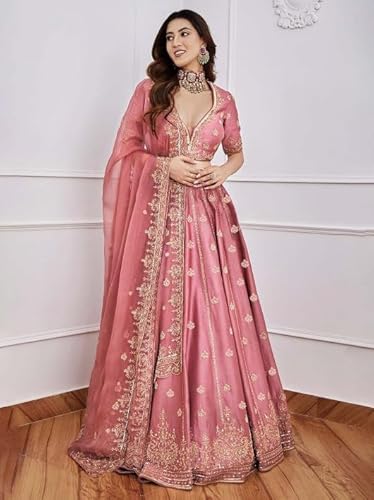 Zeel Clothing Women's Art Silk Semi-Stitched Sequins Dori Embroidered Lehenga Choli with Dupatta (7091-Pink--Lehenga-Choli-Latest; Free Size) (Pink)
