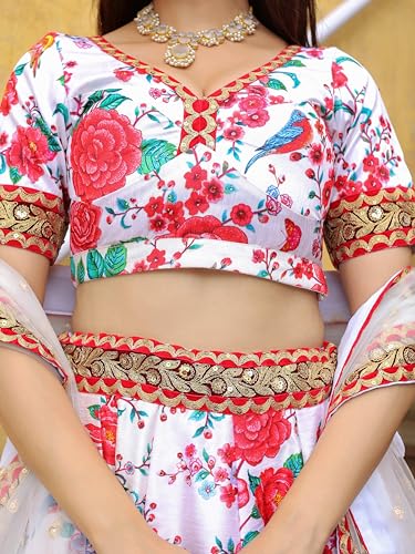 Zeel Clothing Women's Art Silk Digital Print With Dori, Sequins, And Stone Work Art Silk Semi Stitched Lehenga Choli With Dupatta (7512-White-Red-Wedding-Floral-Lehenga-Choli; Free Size)
