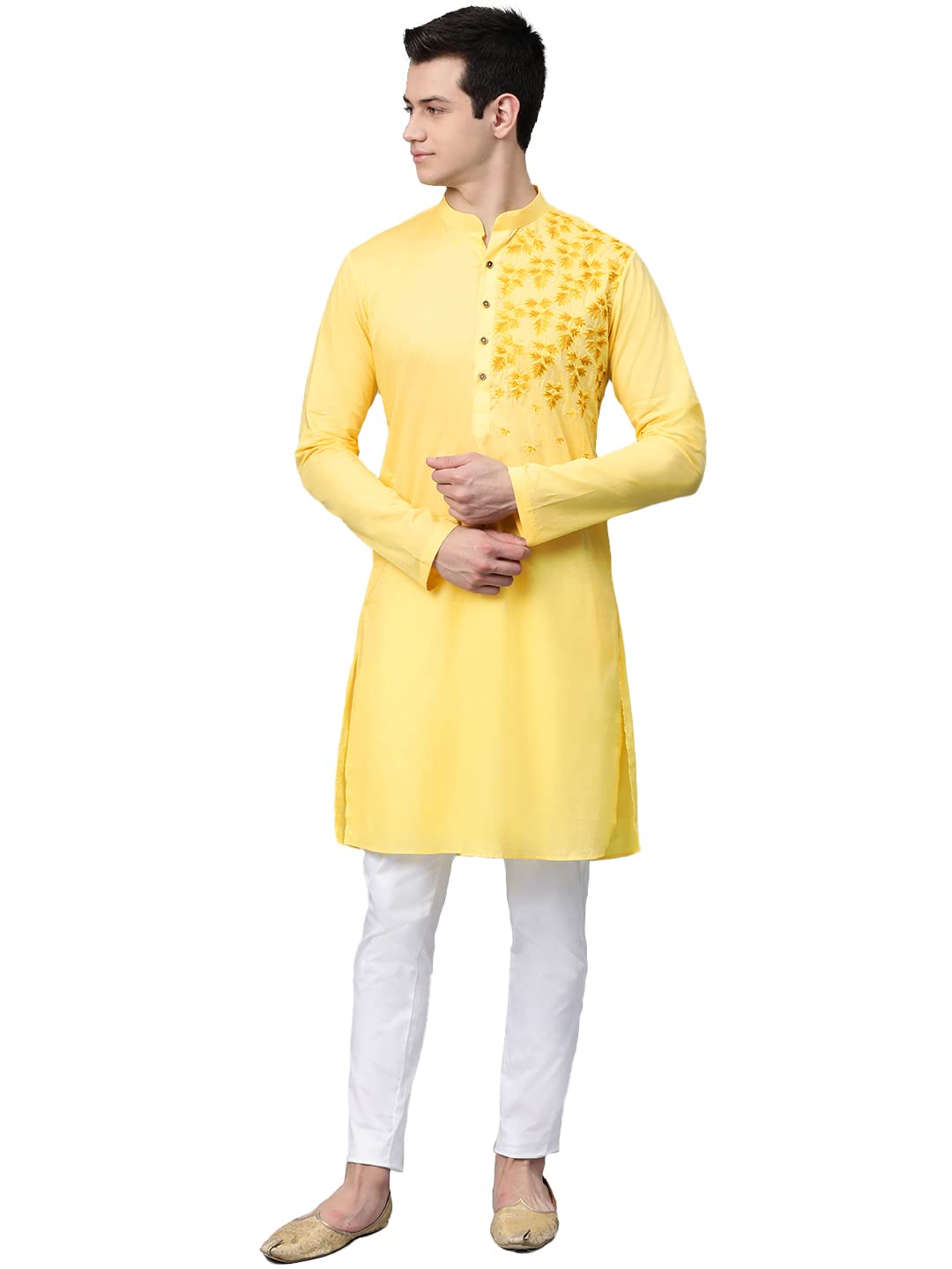 See Designs Yellow Cotton Regular Fit Embroidered Kurta_SDMDWKT822S