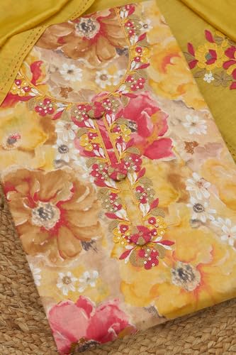 Soch Womens Yellow Jam Cotton Floral Print Unstitch Dress Material With Thread Work