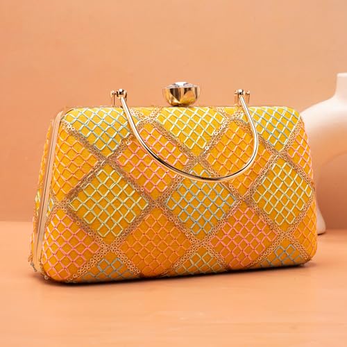 Artklim Yellow Based Multicolored Threadwork Embroidery Clutch Bag for Women