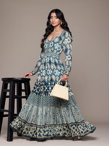 Ritu Kumar Sweetheart Neck Full Sleeves Long Dress Blue