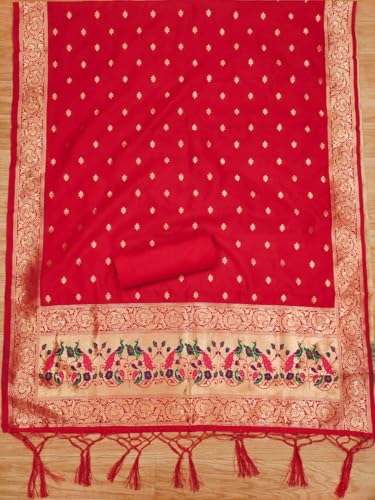 SHANTVAN GALLERY Suit Material for Women Unstitched Cotton Pure Dress Material for Women with Peacock Design, Elegant Salwar Suit Material for Women with Dupatta & Blouse Piece - Red