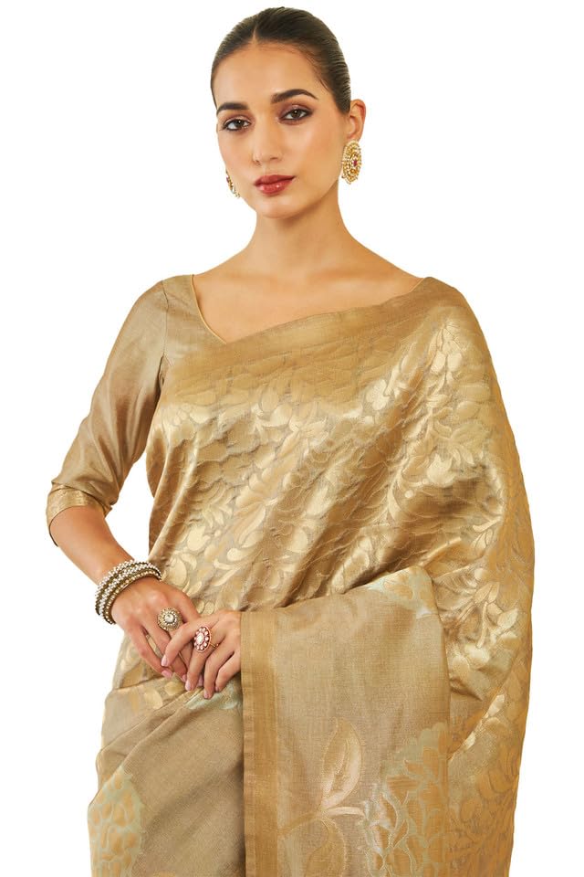 Soch Womens Beige Tussar Silk Saree With Zari Woven Floral And Foliage Designs