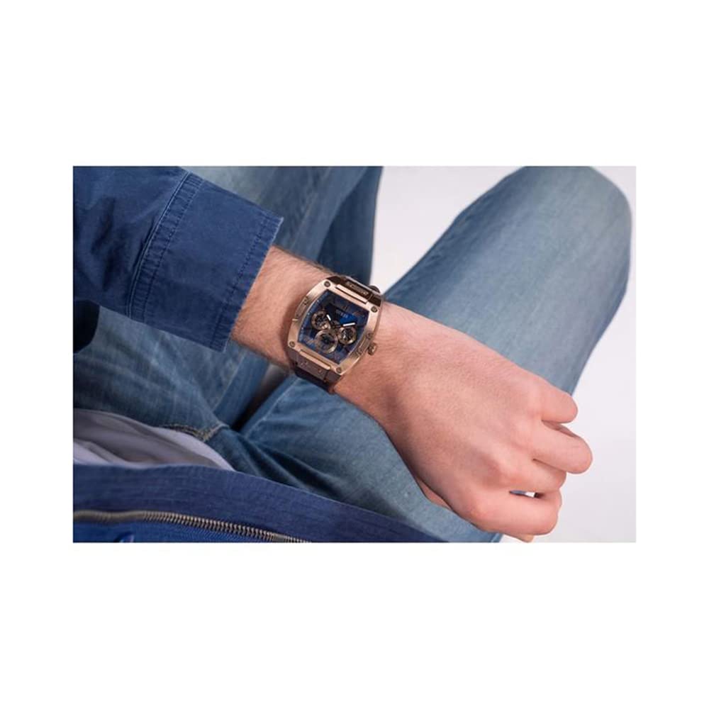 GUESS Chronograph Blue Dial Men's Watch-GW0202G2 Genuine Leather, Brown Strap