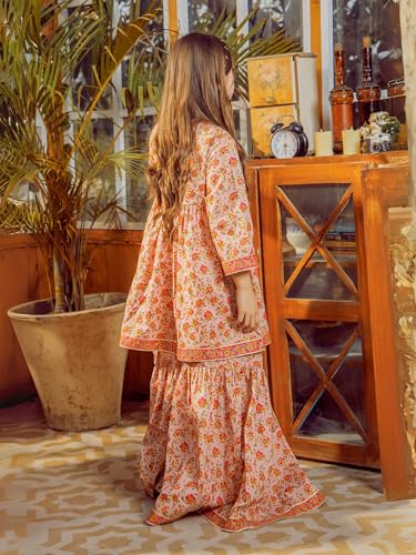 Naixa Girls Orange Rayon Round Neck 3/4 Sleeve Floral Printed Flared-Fit Kurta and Sharara with Dupatta Set | latest Floral Designer Printed Salwar Suits Set With Dupatta for Girls (SE40_5-6 Year)