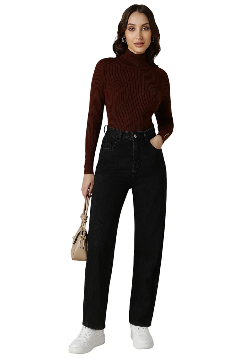 Allen Solly Women Brown Stripe Turtle Neck Casual Sweater