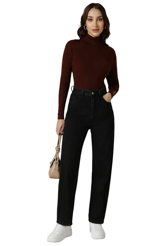 Allen Solly Women Brown Stripe Turtle Neck Casual Sweater