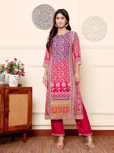 Varanga Women Purple And Pink Thread And Gotta Work Straight Kurta With Trousers And Dupatta