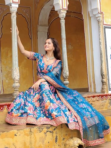Zeel Clothing Women's Art Silk Digital Print With Dori, Sequins, And Stone Work Art Silk Semi Stitched Lehenga Choli With Dupatta (7515-Teal-Blue-Wedding-Floral-Lehenga-Choli; Free Size)