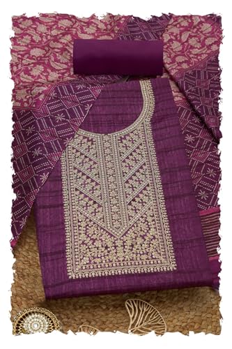 Soch Womens Wine Art Tussar Embroidered Unstitched Dress Material With Zari