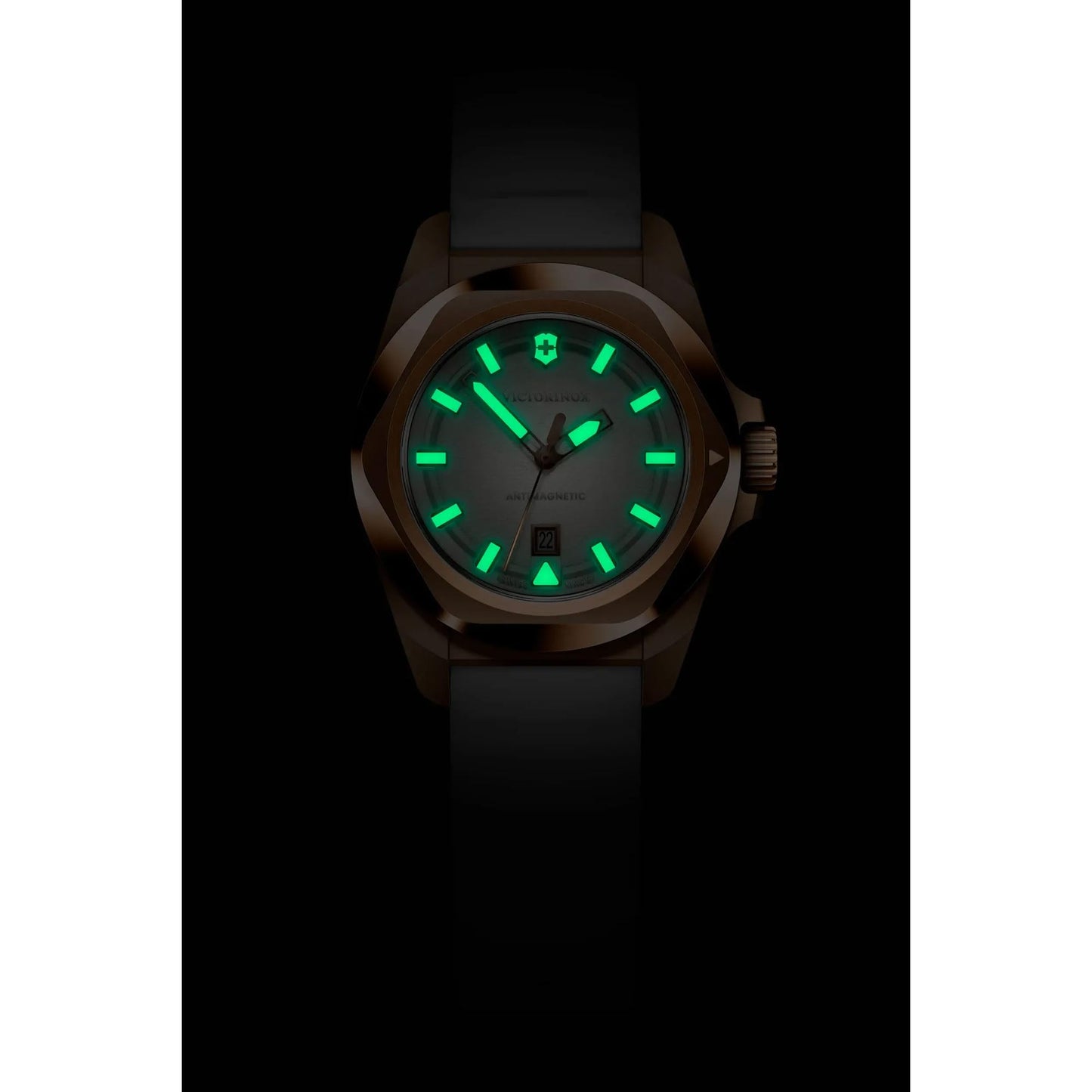 Victorinox I.N.O.X. Small, Swiss Made Analog Women's Watch | White Dial, 32 MM, 100M Water Resistant, PVD Gold Stainless Steel Case, Quartz Movement, White Rubber Strap | 242037