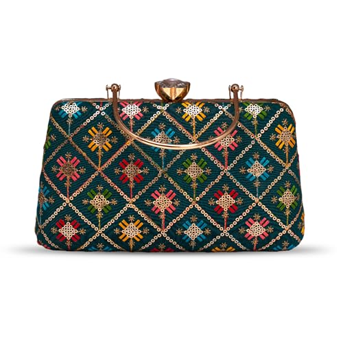 Artklim Dark Teal Based Sequins And Threadwork Embroidery Clutch Bag for Women