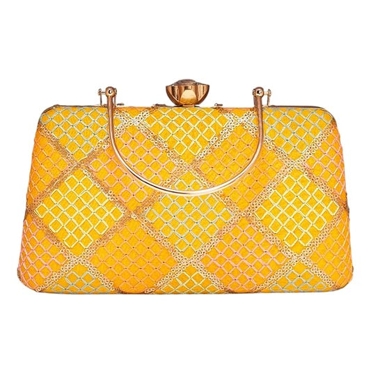 Artklim Yellow Based Multicolored Threadwork Embroidery Clutch Bag for Women