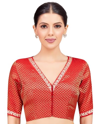 Studio Shringaar Women's Red Brocade Embroidered V-Neck Readymade Saree Blouse (Red, 46)