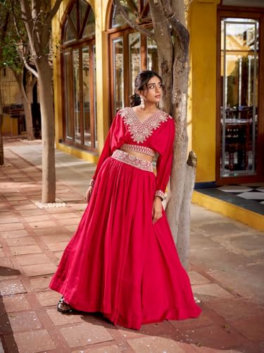 LooknBook Art Women's Lehenga Choli, Vichitra Silk with Embellished Crop Top, Traditional Indian Ethnic Wear (Pink)