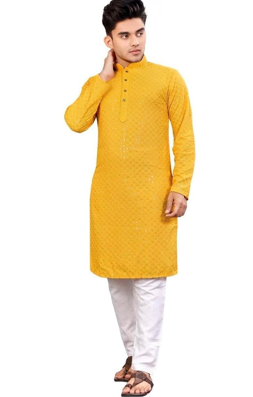Trustous Silk Men's Indian Ethnic Wear Straight Fit Lucknowi Kurta Yellow, Large