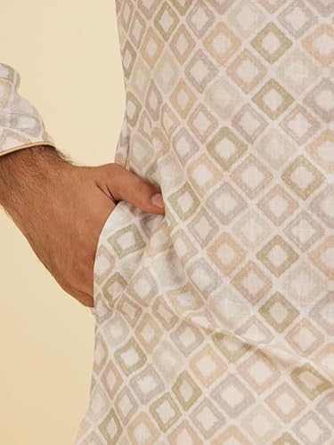 Manyavar Blended Cotton Men's Digital Print Kurta (Cream,XXXL)
