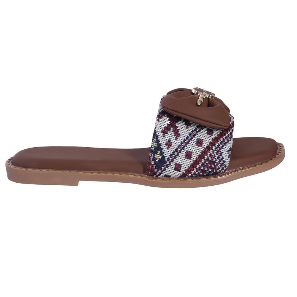 Pluxh Women's Ethnic Woven Crossover Flat Slide Sandals with Satin Bow, Metal Clover Charm & Gold Studded Sole | Casual Slip-On Sandals for Women & Girls|3UK
