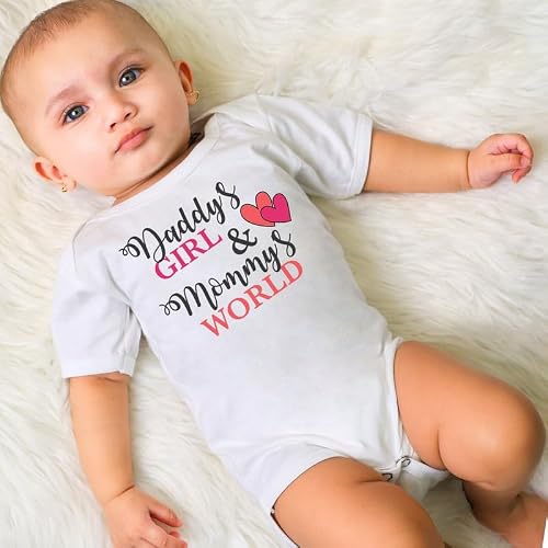 KNITROOT Dad Mom Family Special Onesies, Unisex Baby Kids Cotton Lycra Envelope Neck Half Sleeve White Romper, Bodysuit, Sleepsuit, Daddy's Girl Mommy's World, 3-6 Months, Infant Cloths