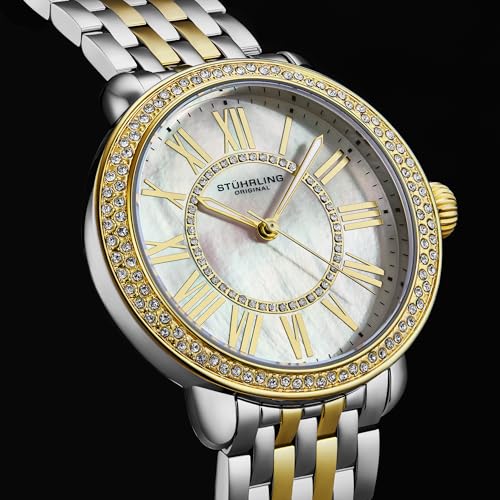 Stuhrling Original Women’s Stainless Steel Watch – Crystal Bezel, Iridescent Mother-of-Pearl Dial, Quartz Movement, Mineral Crystal, Steel Bracelet, 50M Water Resistant, Red Crown, Gold