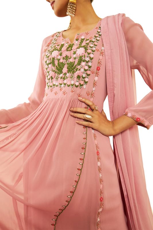 Soch Womens Onion Pink Georgette Floral Embroidered Chudidar Suit Set with Beadwork(OWS2CD2110A)