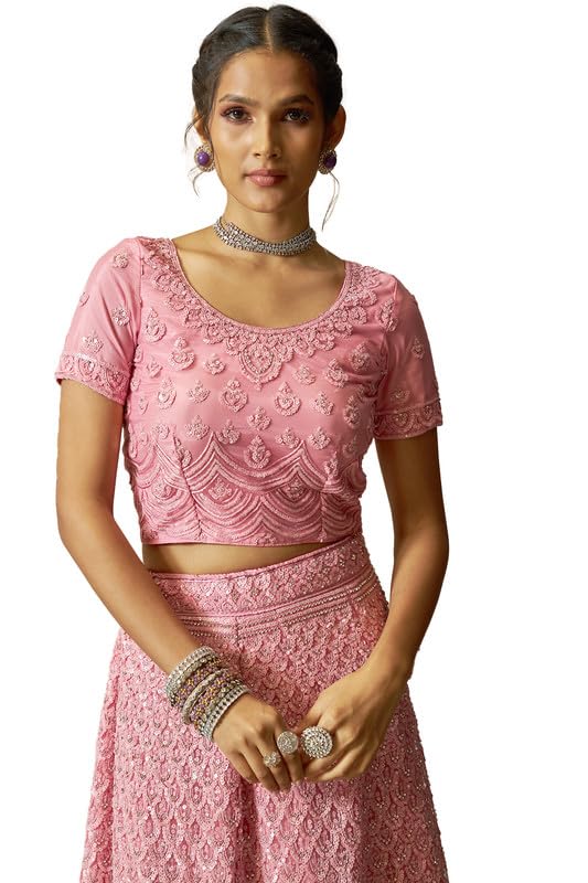 Soch Womens Pink Net All-Over Sequin Embellished Unstitched Lehenga Set with Belt