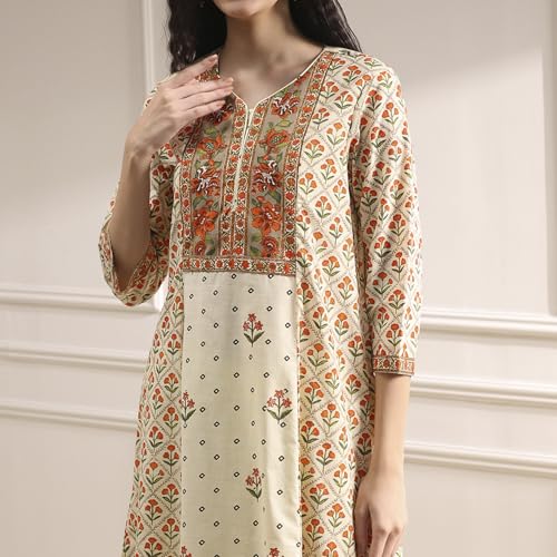 Biba Women Beige Cotton A-Line Printed Kurta Set_32