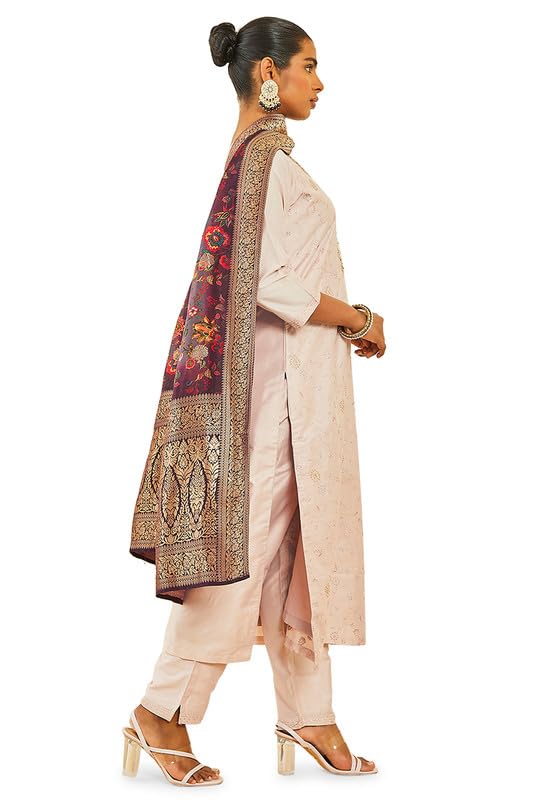 Soch Womens Blush Pink Silk Blend Floral Embroidered Suit Set with Contrast Dupatta