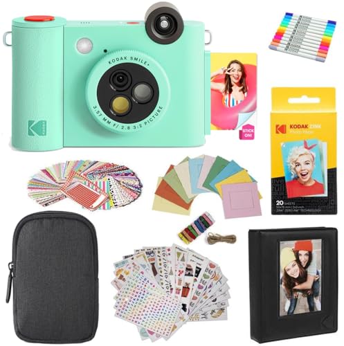 Kodak Smile+ 2-in-1 Digital Instant Print Camera & Photo Printer Gift Bundle + Case + Zink 2x3 Sticky Back Photo Paper 20pk + Album + Sticker Sets + Sticker Frames + Hanging Frames + Markers - Green