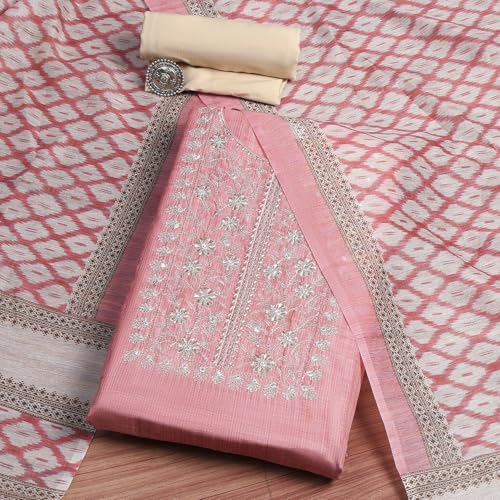 BIBA Women Peach Cotton Machine Embroidered Unstitched Suit Set_FREE SIZE