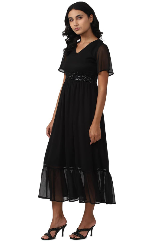 Van Heusen Women's Polyester A-Line Calf Length Dress (VWDRERGFP39691_Black