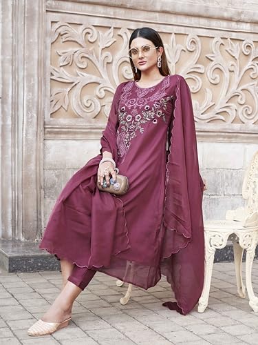 Womanista Women's Organza Kurta with Trouser & Dupatta (Kurtaset_1437_Rose_2XL)