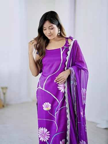 AVYUKTHA | Women Floral Embroidered Kurta with Pyjamas & Dupatta | Thread Work Ethnic Kurta Set for Women | Festive & Daily Purple | Size- M