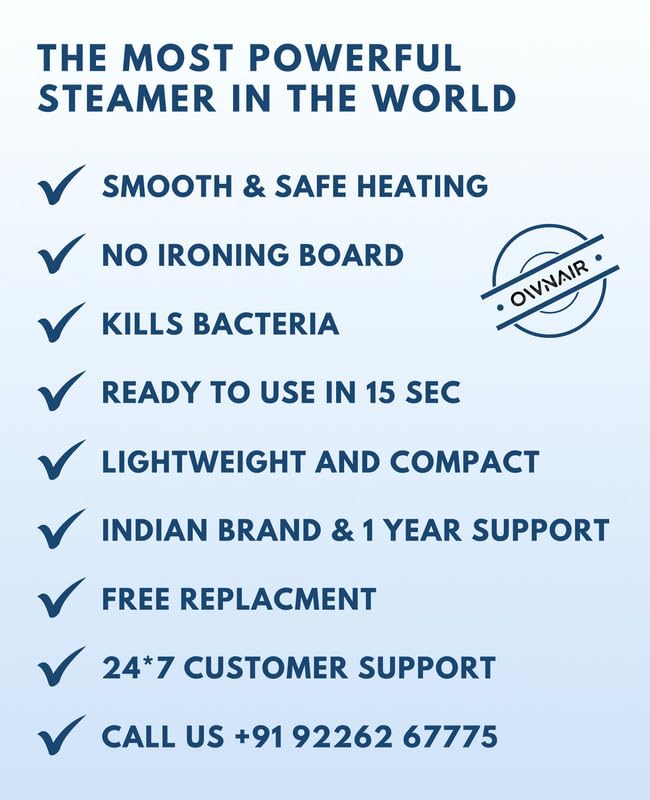 OWNAIR Handheld Garment Steamer for clothes, steam iron press, easy vertical horizontal steaming, steamer for ironing clothes, 24g/min high steam 1800 Watt, 110 ml, 15-sec Fast Heat