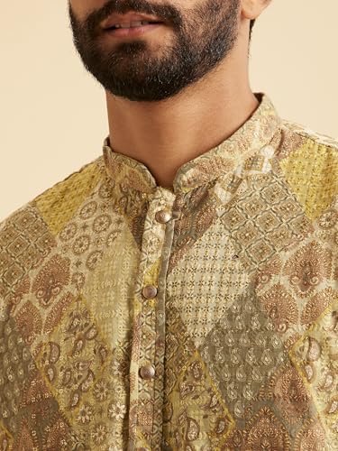 Manyavar Men's Cotton Blend Diamond Patchwork & Chikankari Kurta Pajama Set (Light Mid Green,S)
