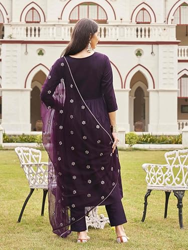 Womanista Women's Wine Cotton Blend Multi Flared Alia Cut Kurta with Pant and Dupatta (Kurtaset_1304_XXL)
