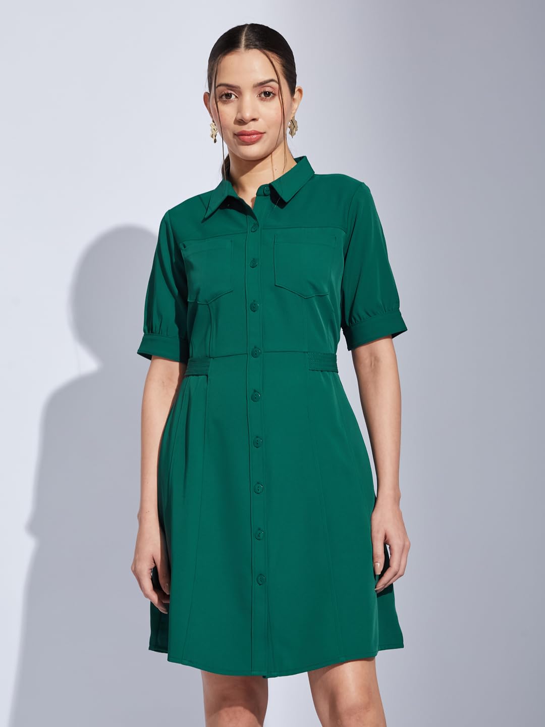 Latin Quarters Women Green Collared Half Sleeves Solid A-Line Shirt Dress for Casual Wear