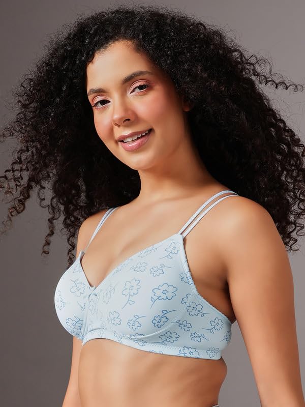 Clovia Women's Printed Non-Wire Padded Full Coverage T-Shirt Bra (BR1067F03_32D_Blue)