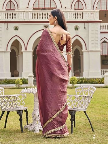 Womanista Women's Organza Solid Embellished Lace Saree With Un-Stitched Blouse, Pink