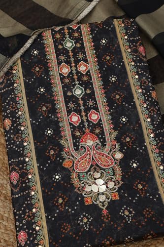 Soch Womens Black Russian Silk Bandhani Print Unstitch Dress Material With Faux Mirror