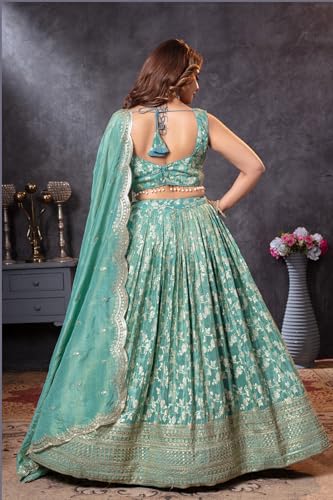 ADHIA Women's Embroidered Lehenga Choli with Dupatta | Silk Blend Wedding Lehenga Set | Traditional Indian Dress (Lehenga, Dupatta, Blouse, Light Green, Size - L)