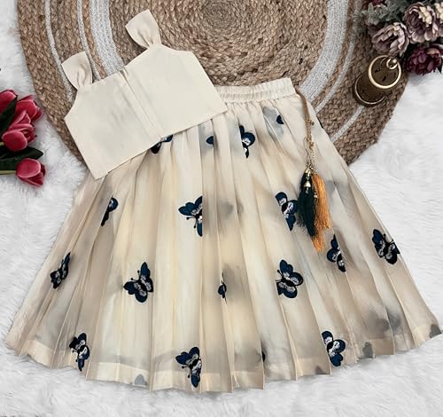 COMRATE Kids Girls Lehnga Choli Pattern Dress Half Sleeves Readymade Hand Embroidery Ethnic Traditional Full Length South Indian Girl Lehnga Choli-BLUE-WHITE-1-2 Years