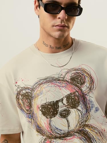 The Souled Store Oversized T-Shirt: Cool Teddy Men and Boys Short Sleeves Round Neck Off-White Graphic Printed Casual Lightweight Drop Shoulder Streetwear Trendy Oversized T-Shirts