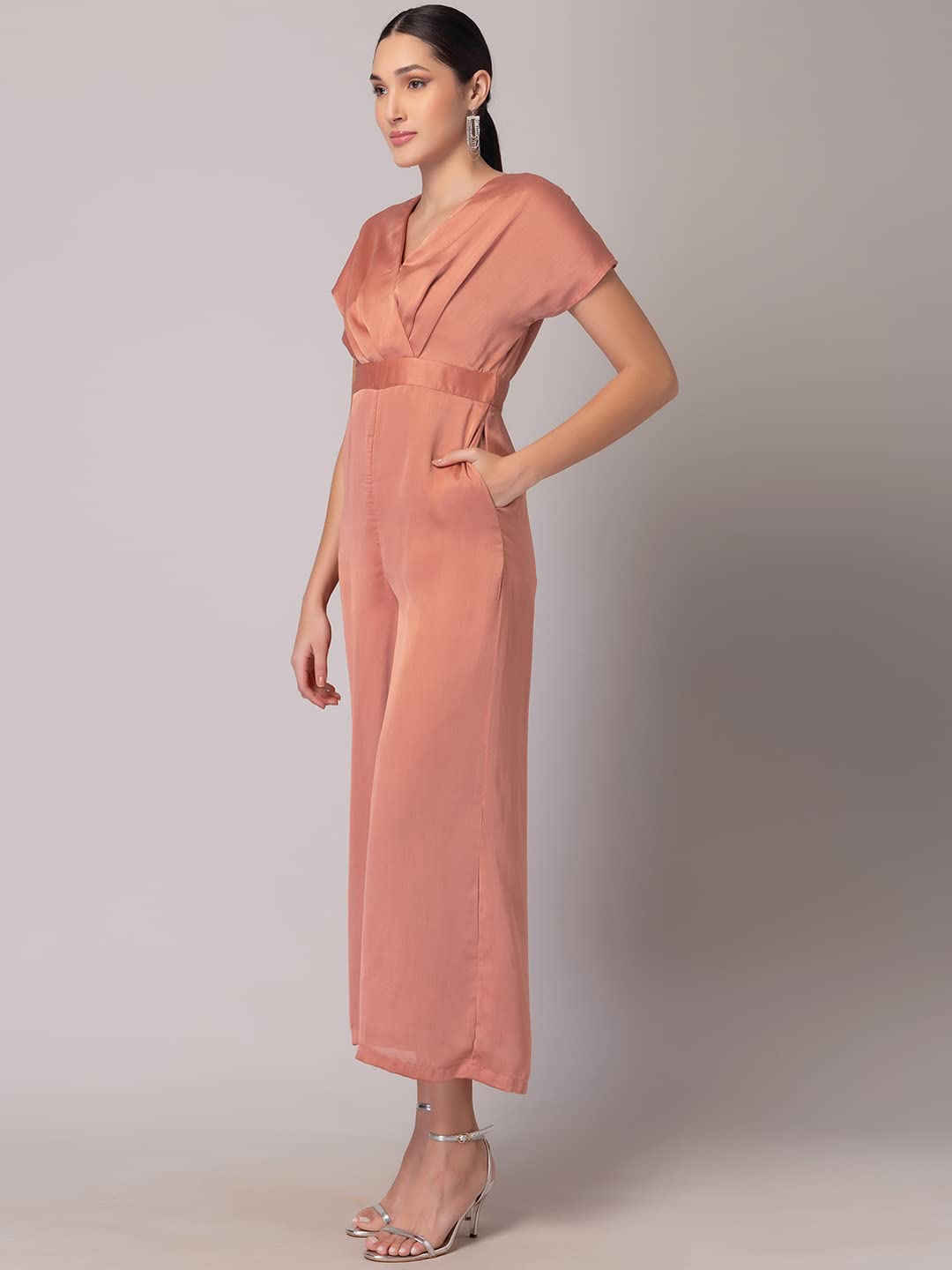 Faballey Indya Dusty Pink Drop Sleeve Wrap Jumpsuit