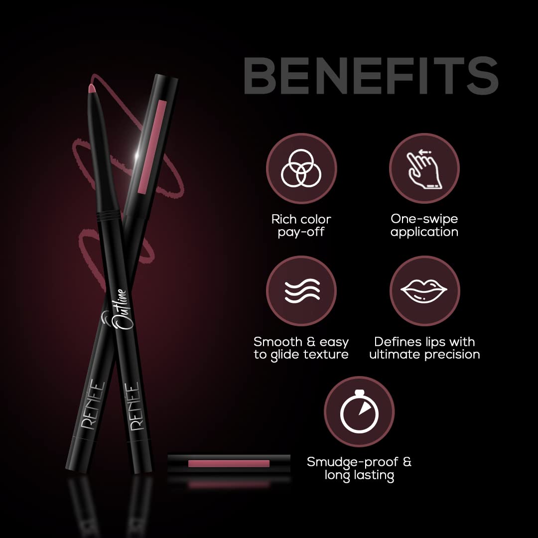 RENEE Outline Lip Liner With Built-in Sharpener 01 Victoria 0.35gm, Long Lasting & Smudge Proof, Matte Finish & Rich Color Payoff, One Swipe Application