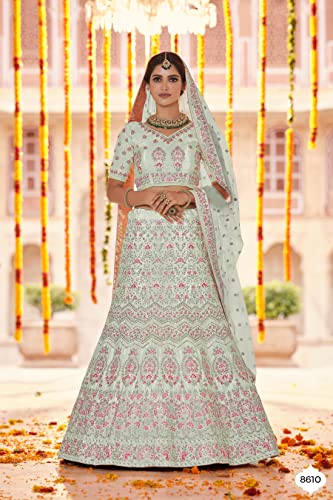 FUSIONIC Pista Green Color Crepe Fabric Thread And Stone Work Lehenga For Women
